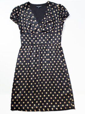 Betsey Johnson Silk Polka Dot Cap Sleeve Dress Black Tan Size 8